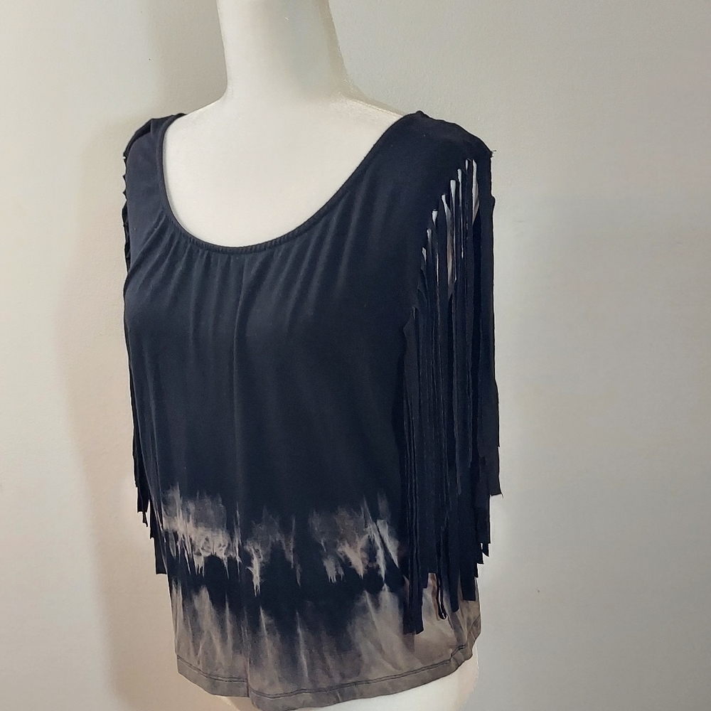 WetSeal Women's Black Tie Dye Bleached Shirt with Fun Fringe Cut Sleeves - Picture 2 of 15